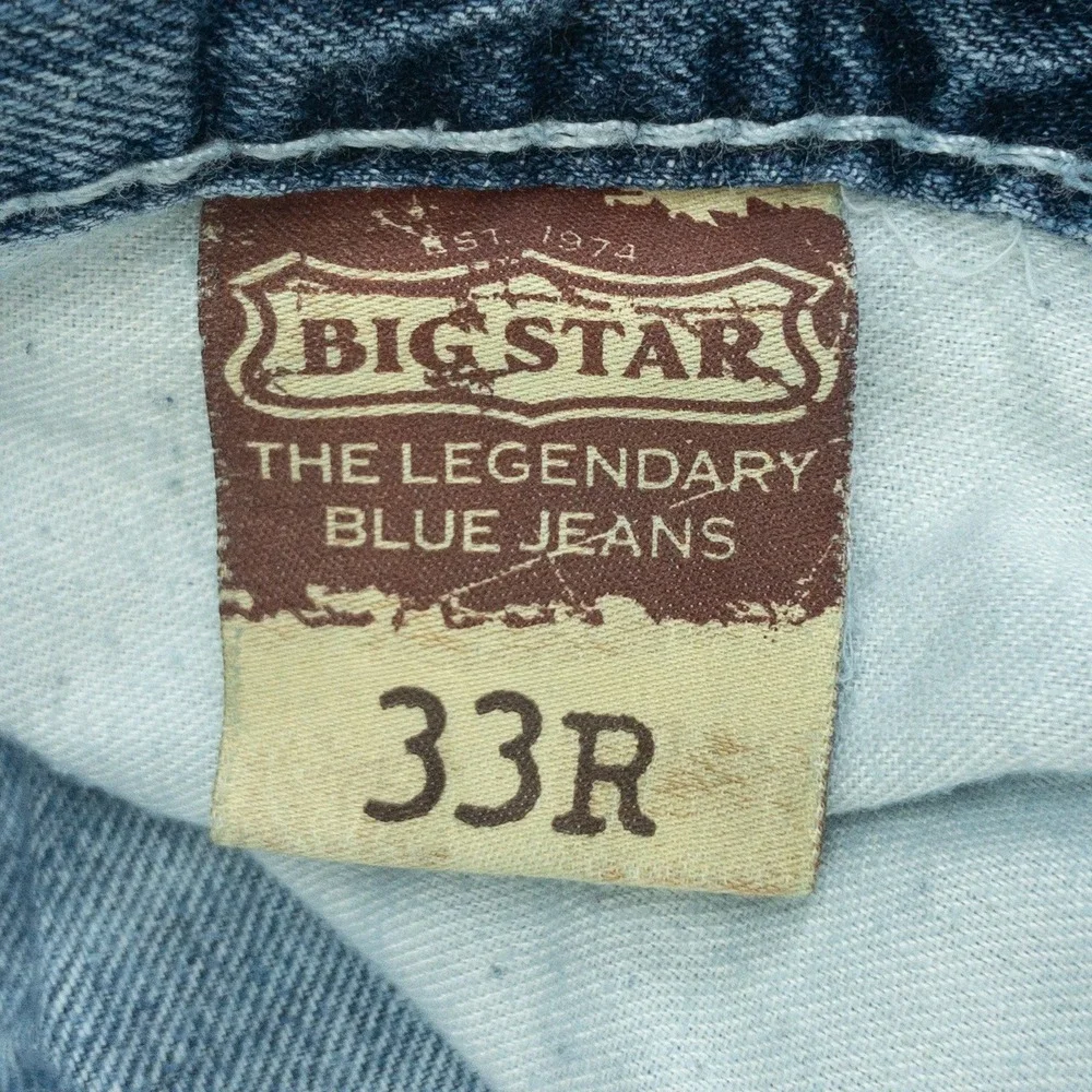 Big Star Pioneer Jeans Mens 33R Blue Distressed Boot Cut Raw Hem Buckle